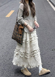 New Grey Knit Tops And Beige Ruffled Skirts Two Piece Set Spring