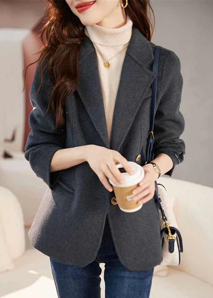 New Grey Notched Button Patchwork Woolen Coat Long Sleeve