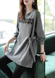 New Grey O Neck Tie Waist Patchwork Cotton Top Fall
