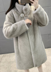 New Grey Stand Button Zircon Collar Mink Velvet Coats Winter