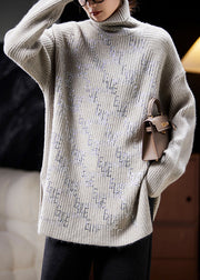 New Grey Turtleneck Zircon Side Open Knit Sweaters Long Sleeve