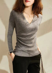 New Grey V Neck Patchwork Cozy Cotton Knit Top Fall