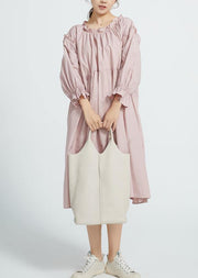 New High waist cotton Ruffles collar women Dresses Wardrobes Pink  long Dresses - SooLinen