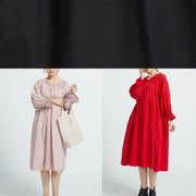 New High waist cotton Ruffles collar women Dresses Wardrobes Pink  long Dresses - SooLinen