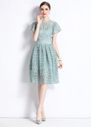 New Hollow Out Embroidered Wrinkled Patchwork Lace Mid Dress Butterfly Sleeve