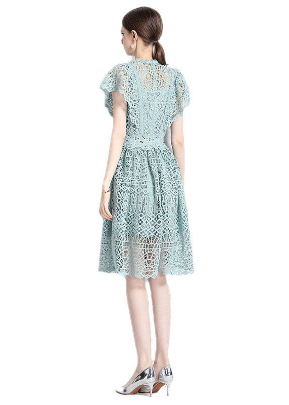 New Hollow Out Embroidered Wrinkled Patchwork Lace Mid Dress Butterfly Sleeve
