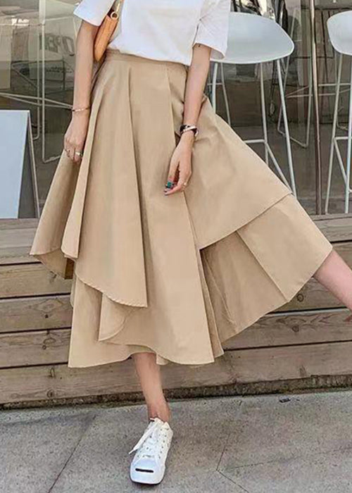 New Khaki Asymmetrical Elastic Waist Patchwork Cotton Pants Skirt Summer