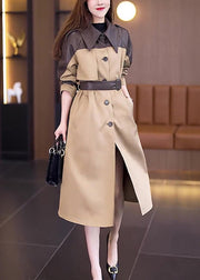 New Khaki Button Tie Waist Patchwork Cotton Long Trench Coat Fall