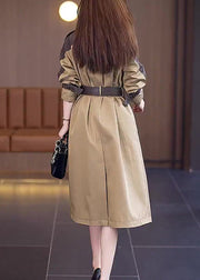 New Khaki Button Tie Waist Patchwork Cotton Long Trench Coat Fall