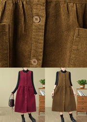 New Khaki Button Wrinkled Corduroy Waistcoat Dress Sleeveless