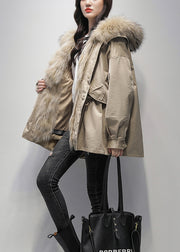 New Khaki Fur Collar The Rabbit Wool Lined Parka Jacket For Winter