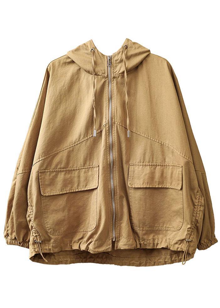 New Khaki Loose Hooded Pockets Fall Long Sleeve Coat - SooLinen