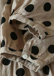New Khaki O Neck Dot Pockets Linen Dress Half Sleeve