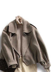 New Khaki Peter Pan Collar Pockets Woolen Coat Long Sleeve