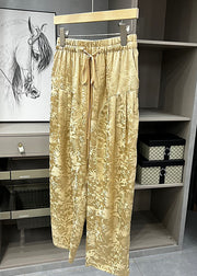 New Khaki Pockets Elastic Waist Silk Crop Pants Spring