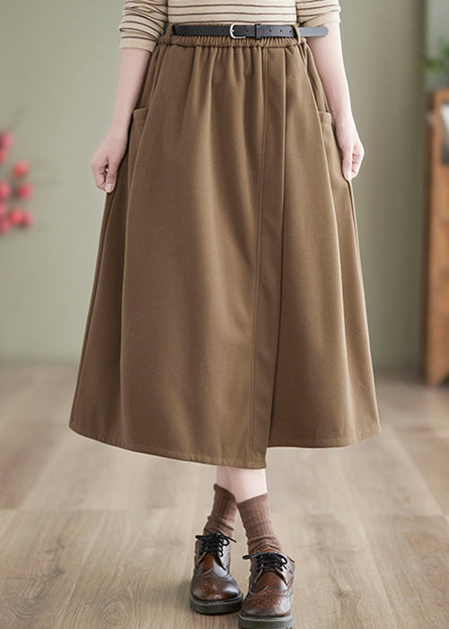 New Khaki Pockets Elastic Waist Woolen Skirts Spring