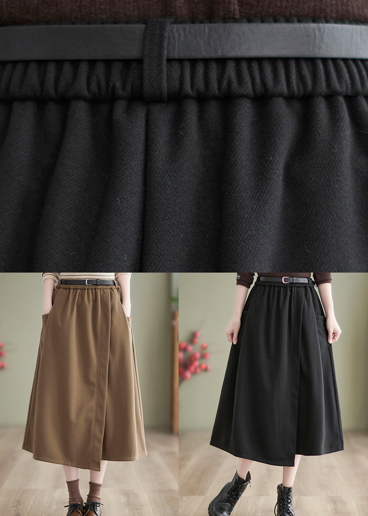 New Khaki Pockets Elastic Waist Woolen Skirts Spring
