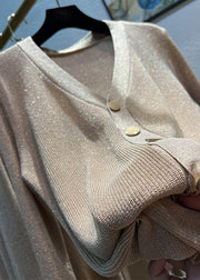 New Khaki V Neck Button Patchwork Knit Top Fall