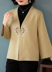 New Khaki V Neck Embroidered Patchwork Wool Coats Fall