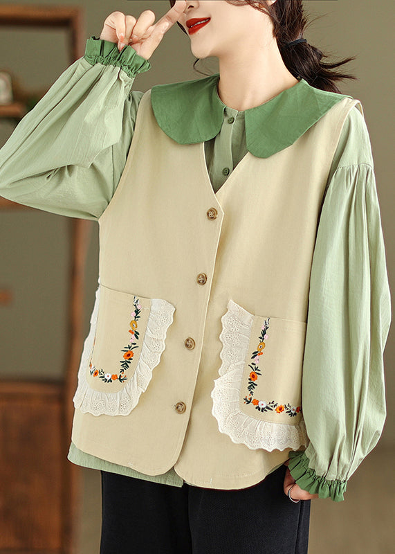 New Khaki Waistcoat And Green Ruffled Blouses Cotton 2 Piece Outfit Fall