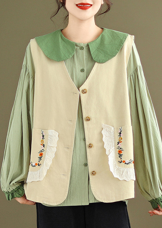 New Khaki Waistcoat And Green Ruffled Blouses Cotton 2 Piece Outfit Fall