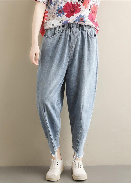 New Korean retro trousers  elastic waist light blue jeans summer - SooLinen