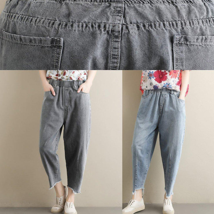 New Korean retro trousers  elastic waist light blue jeans summer - SooLinen
