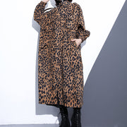New Leopard coats plus size clothing Stand zippered trench coat women long sleeve pockets baggy cotton blended Coat