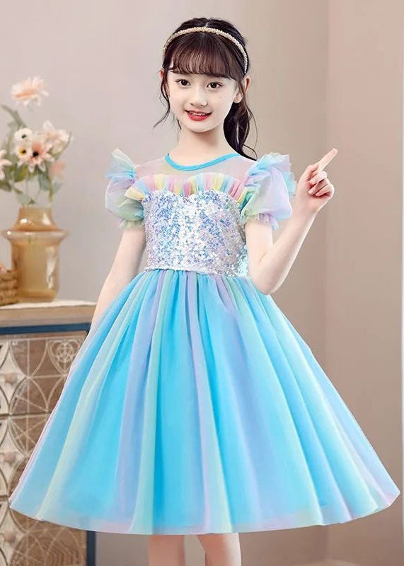 New Light Blue Ruffled Sequins Patchwork Tulle Baby Girls Party Dress Summer