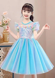 New Light Blue Ruffled Sequins Patchwork Tulle Baby Girls Party Dress Summer