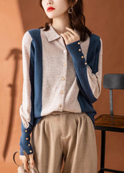 New Light Camel Peter Pan Collar Button Patchwork Knit Top Long Sleeve