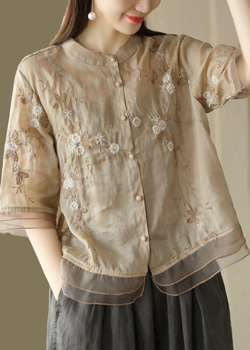 New Light Khaki Embroidered Button Patchwork Linen Shirts Half Sleeve