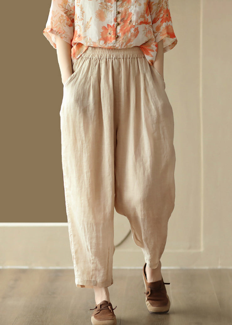 New Light Khaki Solid Pockets High Waist Linen Harem Pants Summer