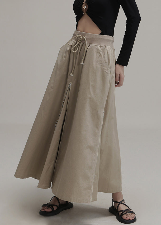 New Light Khaki Zip Up Lace Up Pockets Cotton Skirts Spring