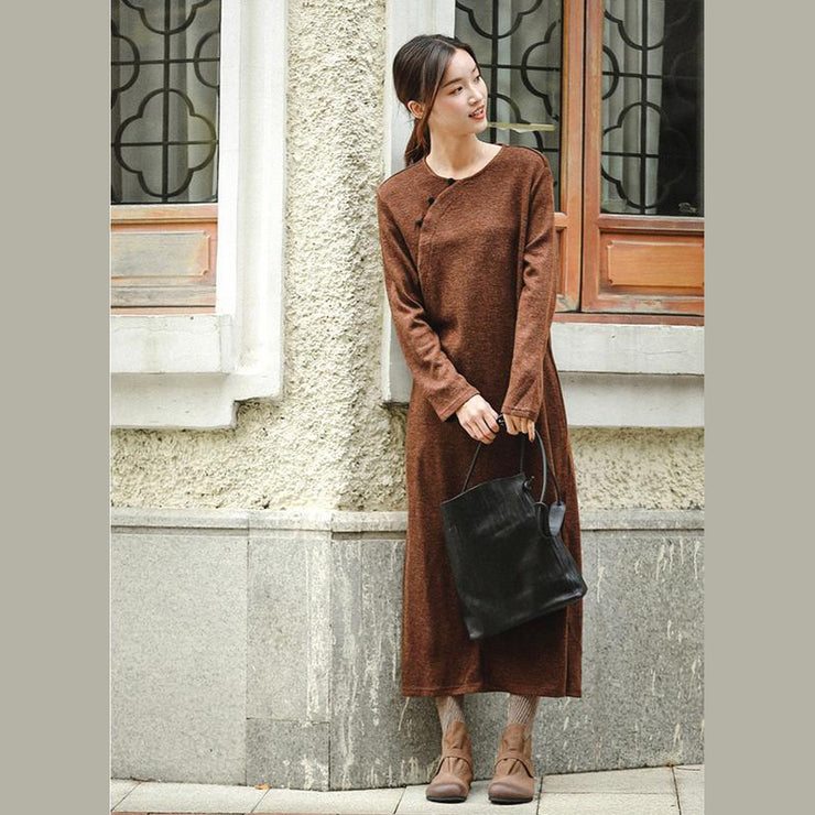 New Loose Brown Knitted Maxi Dresses Women Casual Clothes