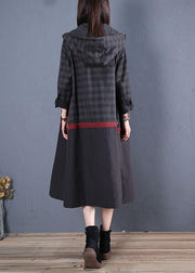 New Loose fitting long coat fall coat black hooded patchwork coat - SooLinen