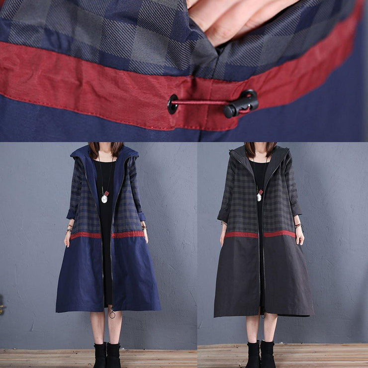 New Loose fitting long coat fall coat black hooded patchwork coat - SooLinen