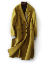 New Loose fitting long winter coat side open outwear green Notched Woolen Coats Women - SooLinen