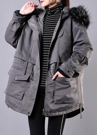 New Loose fitting winter coats gray hooded fur collar women parka - SooLinen