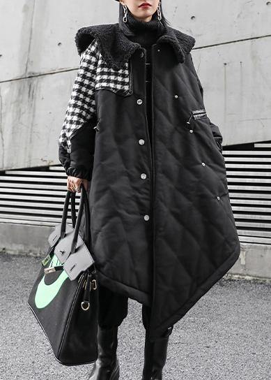 New Loose fitting winter jacket overcoat black patchwork plaid Sailor Collar coat - SooLinen