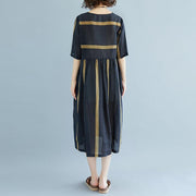 New Midi-length linen dress oversized Round Neck Short Sleeve Pockets Stripe Pleated Slit Dress