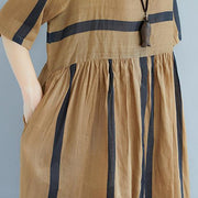 New Midi-length linen dress oversized Round Neck Short Sleeve Pockets Stripe Pleated Slit Dress