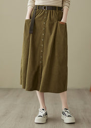 New Mustard Green Pockets Elastic Waist Corduroy Skirts Spring