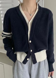 New Navy Button  False Two Pieces Cotton Knit Coats Fall