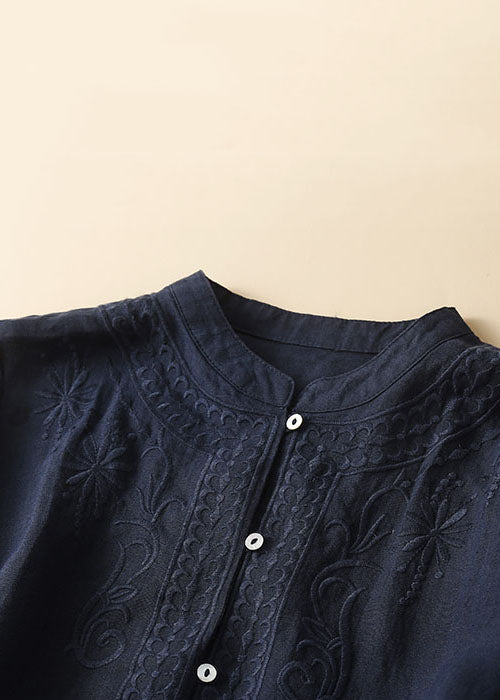 New Navy Embroidered Button Patchwork Linen Shirt Top Summer