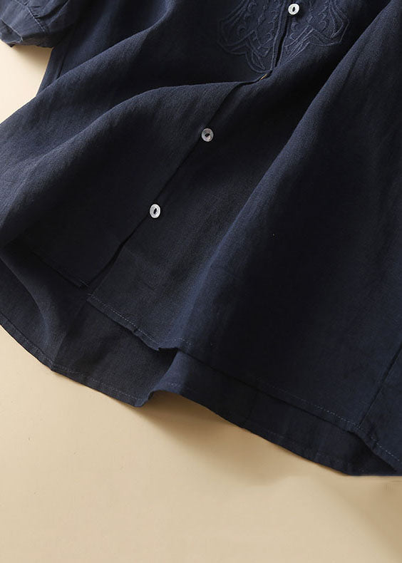 New Navy Embroidered Button Patchwork Linen Shirt Top Summer