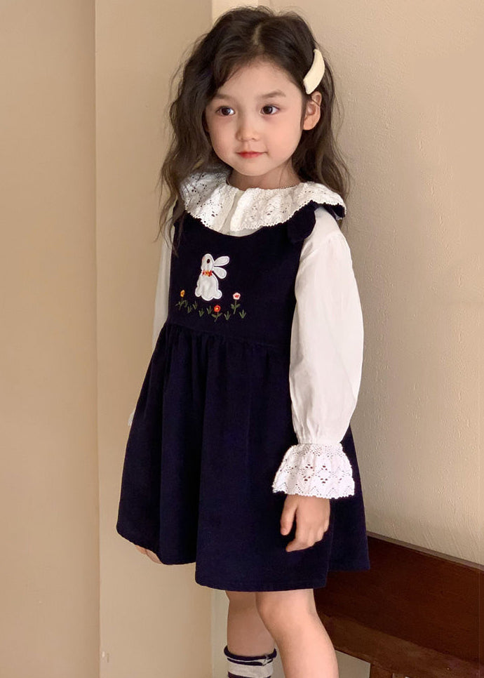 New Navy Embroidered Lace Patchwork Corduroy Girls Two Pieces Set Fall