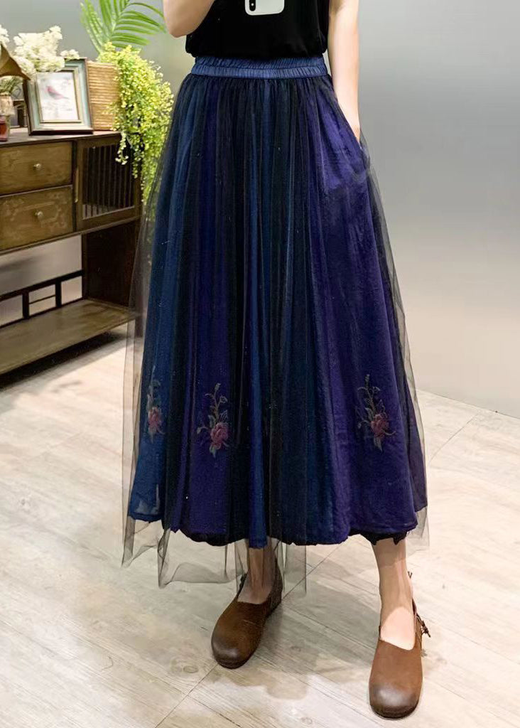 New Navy Embroidered Wrinkled Patchwork Tulle Skirts Summer