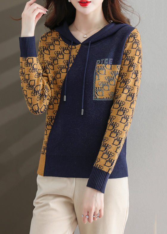 New Navy Hooded Print Patchwork Cotton Knit Top Long Sleeve