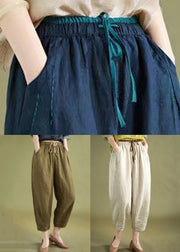 New Navy Lace Up Pockets Elastic Waist Linen Crop Pants